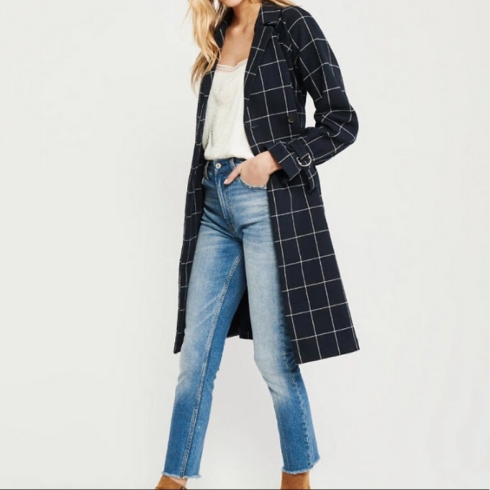 Abercrombie and Fitch Navy Blue Plaid Trench coat